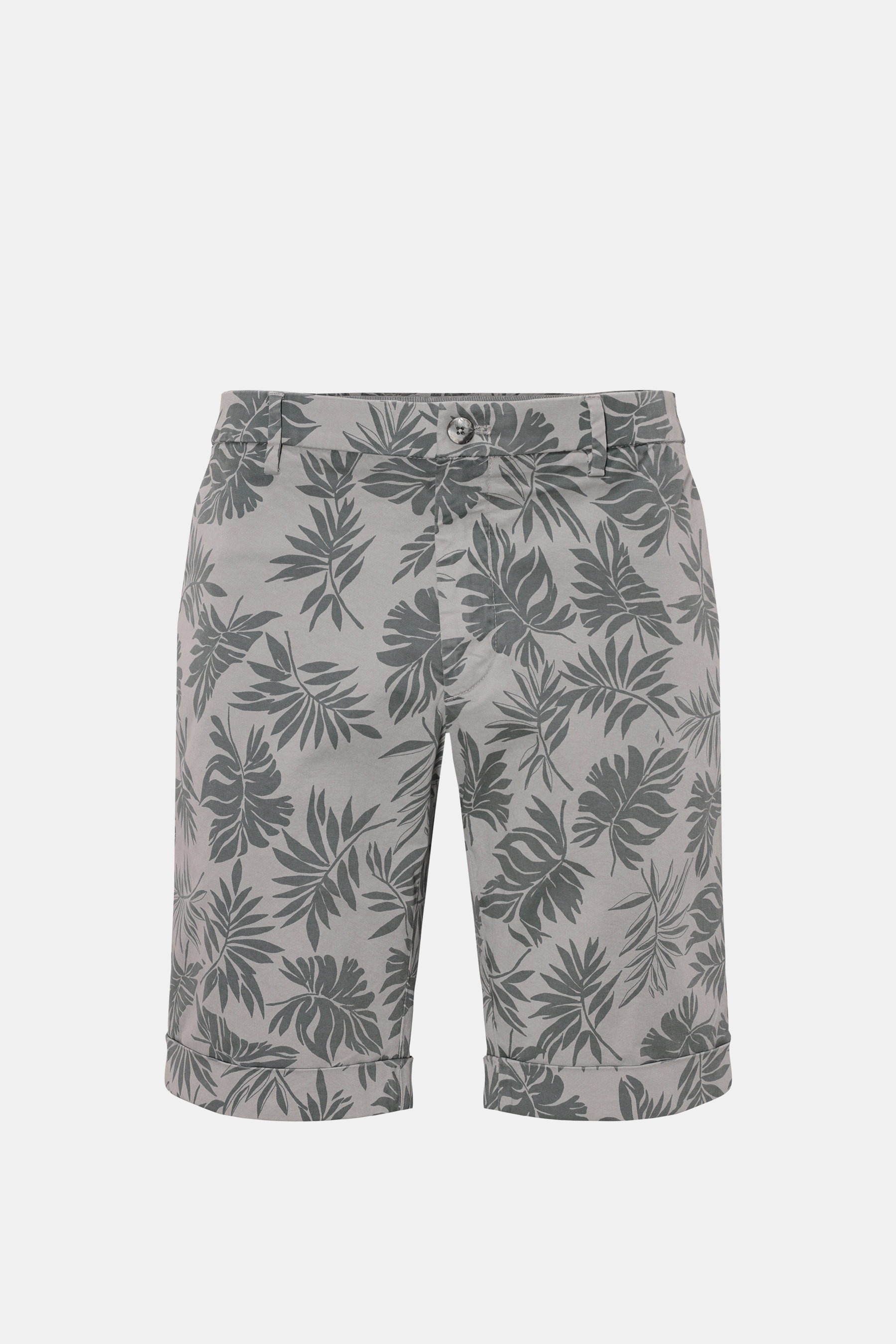 GTA Shorts 'Davide' grau/dunkelgrau gemustert, von vorne fotografiert, aus elastischem Baumwoll-Twill mit floralem Print, elastischem Bund und fixiertem Saum.