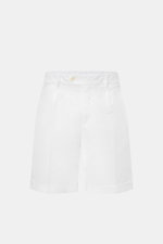 Front view of 04651/ A trip in a bag Badeshorts 'Plain Swim' off-white made from soft, quick-drying microfiber with contrast stitching, regular fit, drawstring waistband, side seam pockets, back pocket with Velcro, small woven label, and mesh lining.