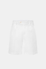 Front view of 04651/ A trip in a bag Badeshorts 'Plain Swim' off-white made from soft, quick-drying microfiber with contrast stitching, regular fit, drawstring waistband, side seam pockets, back pocket with Velcro, small woven label, and mesh lining.