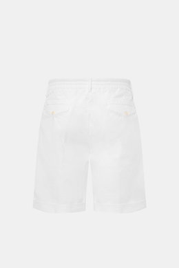 Rear view of 04651/ A trip in a bag Badeshorts 'Plain Swim' off-white made from soft, quick-drying microfiber with contrast stitching, elastic waistband with drawstring, side seam pockets, back pockets with button closure, mesh lining, and a small woven l