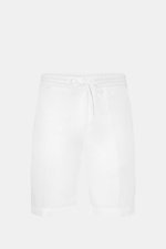 Front view of 04651/ A trip in a bag Linen bermudas 'Linen Bermuda' white, pure linen shorts with elastic waistband, drawstring, zip, button, and pockets. 

<p>These airy Bermudas by 04651/ A TRIP IN A BAG are a must-have for your next beach holiday. The 