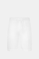 Front view of 04651/ A trip in a bag Linen bermudas 'Linen Bermuda' white, pure linen shorts with elastic waistband, drawstring, zip, button, and pockets. 

<p>These airy Bermudas by 04651/ A TRIP IN A BAG are a must-have for your next beach holiday. The 