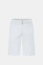 Front view of Jacob Cohen Bermudas 'Bob' pastel blue shorts, slim fit, low waist, elasticated cotton with soft feel, garment-dyed twill texture, button fly, French and back pockets with buttons, small watch pocket, and iconic leather patch. Summer as it s