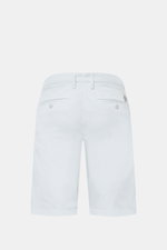 Back view of Jacob Cohen Bermudas 'Bob' pastel blue shorts, slim fit, low waist, garment-dyed elasticated cotton with button fly, French and back pockets with buttons, small watch pocket, soft feel, fine twill texture, and iconic leather patch, perfect fo