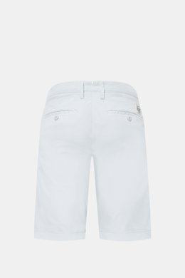 Back view of Jacob Cohen Bermudas 'Bob' pastel blue shorts, slim fit, low waist, garment-dyed elasticated cotton with button fly, French and back pockets with buttons, small watch pocket, soft feel, fine twill texture, and iconic leather patch, perfect fo