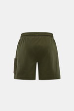 Ché Sweat-Shorts 'Inigo' dark olive, Rückansicht, reine Baumwolle, weicher Griff, Regular Fit, regulierbarer Bund, Taschen seitlich, Häkel-Tasche als Blickfang.