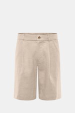 Frontale Nahaufnahme der Ché Leinenshorts 'Nevis' beige aus reinem Leinen mit Regular Fit, Bundknopf, Reißverschluss, Bundfalte und Taschen.