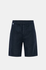04651/ A trip in a bag Leinenshorts navy, frontale Ansicht, luftige Leinen-Shorts mit elastischem Bund, französischen Taschen, weichem Griff, garment dyed, Regular Fit, Weblabel am Bund, aufgesetzter Gesäßtasche.
