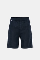 04651/ A trip in a bag Leinenshorts navy, frontale Ansicht, luftige Leinen-Shorts mit elastischem Bund, französischen Taschen, weichem Griff, garment dyed, Regular Fit, Weblabel am Bund, aufgesetzter Gesäßtasche.