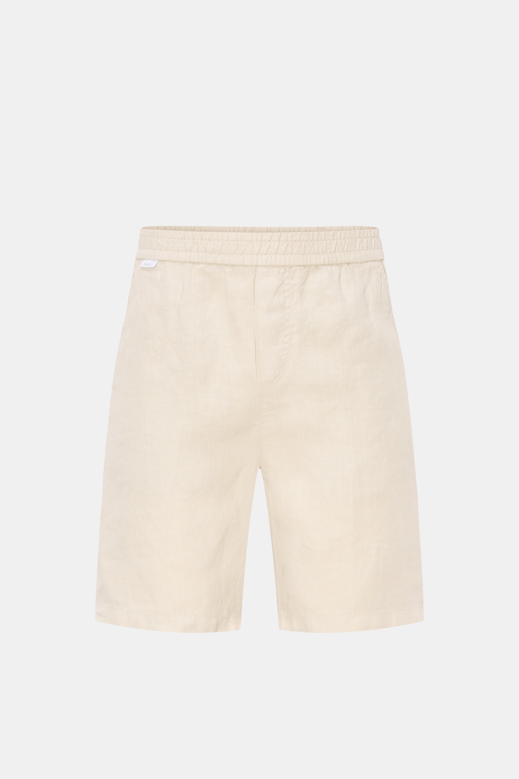 Front view of 04651/ A trip in a bag Linen shorts beige, comfortable pure linen with elastic waistband, French pockets, patch back pocket, garment-dyed, soft feel, regular fit, small woven label.