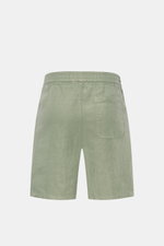 Rückansicht der 04651/ A trip in a bag Leinenshorts salbei aus luftigem Leinen, Regular Fit, elastischer Bund, Gesäßtasche, weicher Griff.