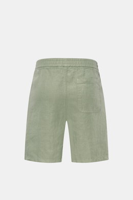 Rückansicht der 04651/ A trip in a bag Leinenshorts salbei aus luftigem Leinen, Regular Fit, elastischer Bund, Gesäßtasche, weicher Griff.