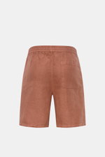 Rückansicht der 04651/ A trip in a bag Leinenshorts rostbraun aus luftigem Leinen mit elastischem Bund, Gesäßtasche und weichem Griff.