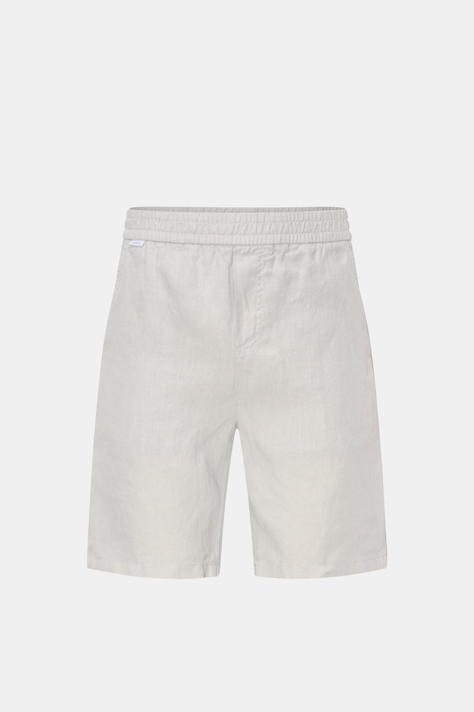 Front view of 04651/ A trip in a bag Linen shorts light grey, made from airy, garment-dyed pure linen with elastic waistband, French pockets, soft feel, regular fit, small woven label on waistband, and patch back pocket; perfect for hot days and vacations