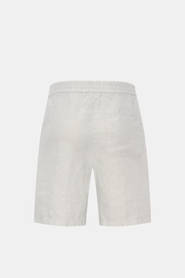 04651/ A trip in a bag Leinenshorts hellgrau, Rückansicht, elastischer Bund, französische Taschen, weiches, luftiges Leinen, Regular Fit, Weblabel am Bund.