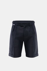 04651/ A trip in a bag Leinen-Shorts navy, Frontansicht, Regular Fit, reines Leinen mit Bundhaken, Reißverschluss, Side-Adjuster, Bundfalte, Saumaufschlag.
