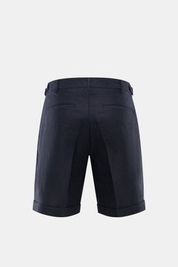 04651/ A trip in a bag Leinen-Shorts navy, Rückansicht, reine Leinen, Regular Fit, Side-Adjuster, Saumaufschlag, französische Taschen.