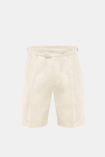 Frontale Nahaufnahme der cremefarbenen 04651/ A trip in a bag Leinen-Shorts mit Reißverschluss, Bundhaken, Side-Adjuster und fixiertem Saumaufschlag.