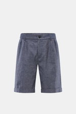 Frontansicht der 04651/ A trip in a bag Shorts navy aus leicht griffigem Leinen-Baumwoll-Denim mit Regular Fit, Bundfalte, Taschen, Saumaufschlag.