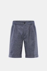 Frontansicht der 04651/ A trip in a bag Shorts navy aus leicht griffigem Leinen-Baumwoll-Denim mit Regular Fit, Bundfalte, Taschen, Saumaufschlag.