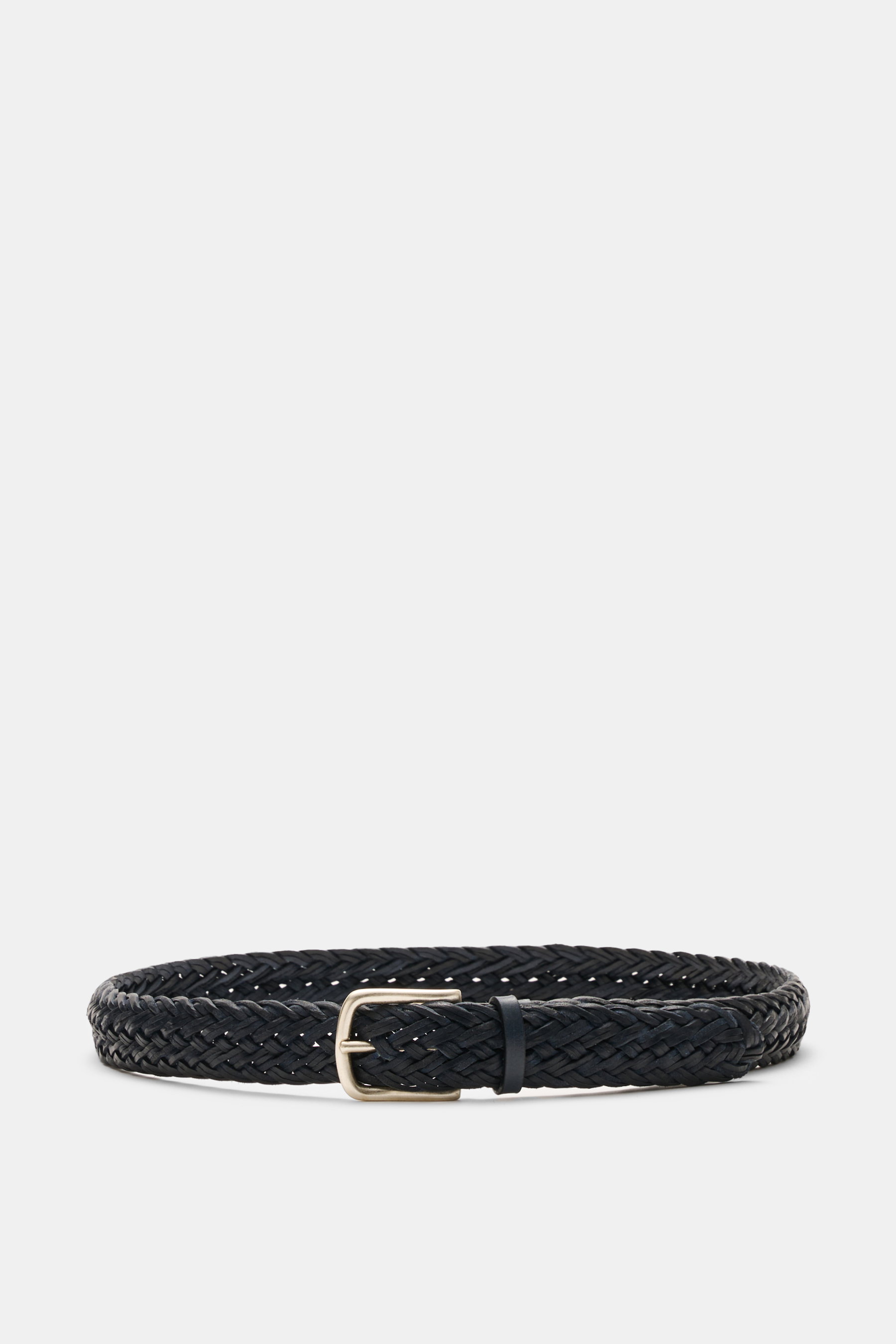 Front view of the Orciani Plaited belt navy, a luxurious navy leather belt with plaited cowhide, brass pin buckle, one loop, approx. 3 cm wide, made in Italy.