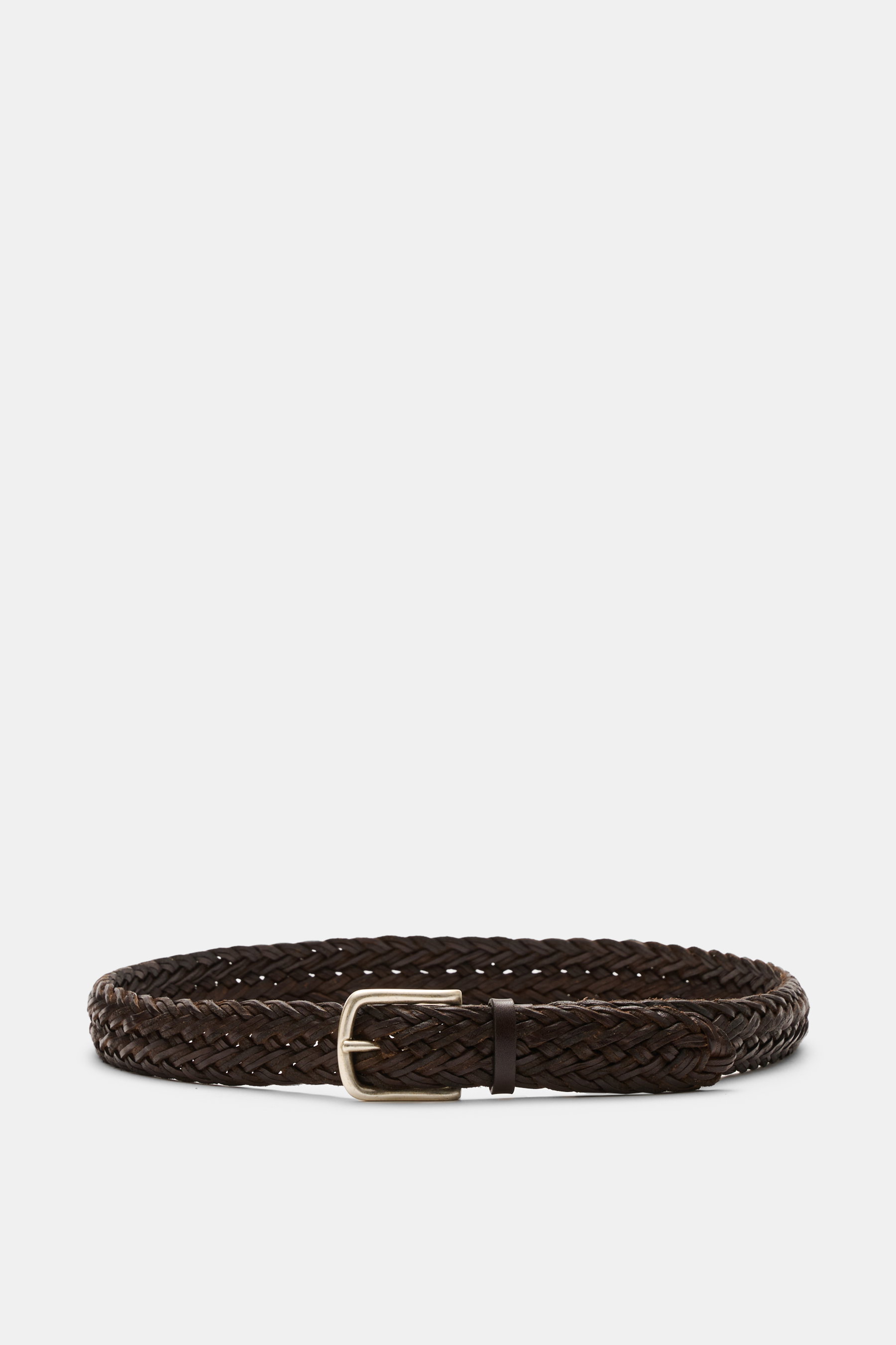 Front view of Orciani Plaited belt dark brown made of elegant cowhide with plaited design, brass pin buckle, one loop, 3 cm width, made in Italy.