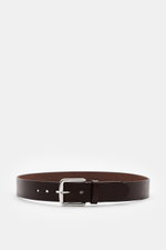 Front view of Fausto Colato Gürtel dunkelbraun, a dark brown belt made of fine smooth leather from Italy, featuring a brass prong buckle, one keeper loop, and approx. 4 cm width; highlight at waistband: exclusive belt of the highest class.