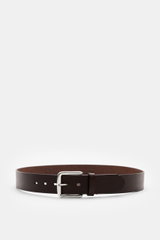 Front view of Fausto Colato Gürtel dunkelbraun, a dark brown belt made of fine smooth leather from Italy, featuring a brass prong buckle, one keeper loop, and approx. 4 cm width; highlight at waistband: exclusive belt of the highest class.