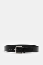 Front view of Fausto Colato Gürtel schwarz, a black belt made from fine smooth leather with a brass prong buckle, one belt loop, and approximately 4 cm width, highlighting exclusive Italian craftsmanship and elegant design. <p>Highlight am Hosenbund: Exkl