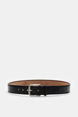 Front view of the Fausto Colato Gürtel Bisonleder schwarz, a luxurious black grainy bison leather belt with a brass pin buckle and a leather loop, made in Italy. Not only extremely practical but also very luxurious, this belt crafted from grainy bison lea