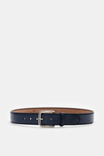 Front-facing view of Fausto Colato Gürtel Bisonleder dunkelblau, a dark blue grained bison leather belt with a brass pin buckle and a single loop, made in Italy, combining practicality and luxury.