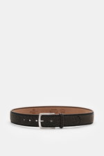 Front-facing view of Fausto Colato Gürtel Bisonleder dunkelbraun, a soft, grained dark brown bison leather belt with brass buckle and loop, made in Italy.