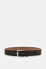 Front-facing view of Fausto Colato Gürtel Bisonleder dunkelbraun, a soft, grained dark brown bison leather belt with brass buckle and loop, made in Italy.
