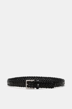 Ami Paris Braided belt black shown from a front perspective, featuring braided smooth leather, silver prong buckle, pull-through loop with logo, width approx. 3 cm. Timeless accessory: The braided belt from AMI PARIS proves to be a versatile essential for