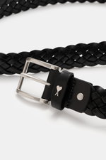 Close-up front-side view of Ami Paris Braided belt black, showing braided smooth leather, silver prong buckle, logo loop, width approx. 3 cm.