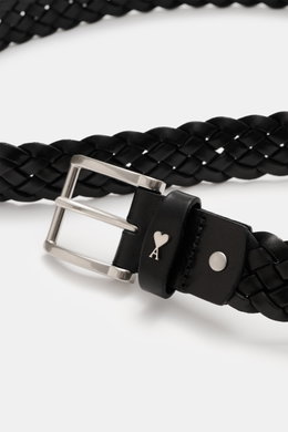 Close-up front-side view of Ami Paris Braided belt black, showing braided smooth leather, silver prong buckle, logo loop, width approx. 3 cm.