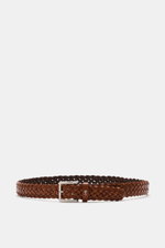 Ami Paris Braided belt brown shown from front, braided smooth leather with silver-colored prong buckle and pull-through loop with logo, width approx. 3 cm. Timeless accessory: The braided belt from AMI PARIS proves to be a versatile essential for stylish 