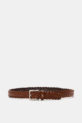 Ami Paris Braided belt brown shown from front, braided smooth leather with silver-colored prong buckle and pull-through loop with logo, width approx. 3 cm. Timeless accessory: The braided belt from AMI PARIS proves to be a versatile essential for stylish 