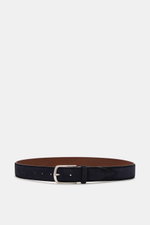 Veneta Cinture Gürtel navy aus geschmeidigem Veloursleder mit leichtem Farbverlauf, Dornschließe Messing, Durchzugschlaufe, 3,5 cm breit, Made in Italy, frontal fotografiert.