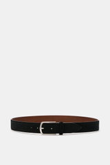 Veneta Cinture Gürtel schwarz aus geschmeidigem Veloursleder mit leichtem Farbverlauf, Dornschließe Messing, 3,5 cm breit, Made in Italy, von vorne fotografiert.