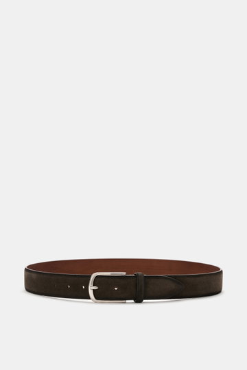 Veneta Cinture Belt dark brown shown from front, supple suede leather with light color gradient, brass prong buckle, one loop, 3.5 cm wide, made in Italy.