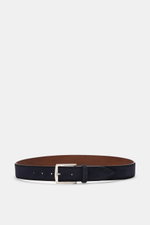 Veneta Cinture Belt navy shown from the front, made of soft suede leather with light color gradient, silver-colored pin buckle, one loop, 3.5 cm width, Made in Italy.