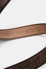 Fausto Colato Gürtel Bisonleder dunkelbraun, Detailaufnahme von der Innenseite mit Prägung, softes Bisonleder, Made in Italy.