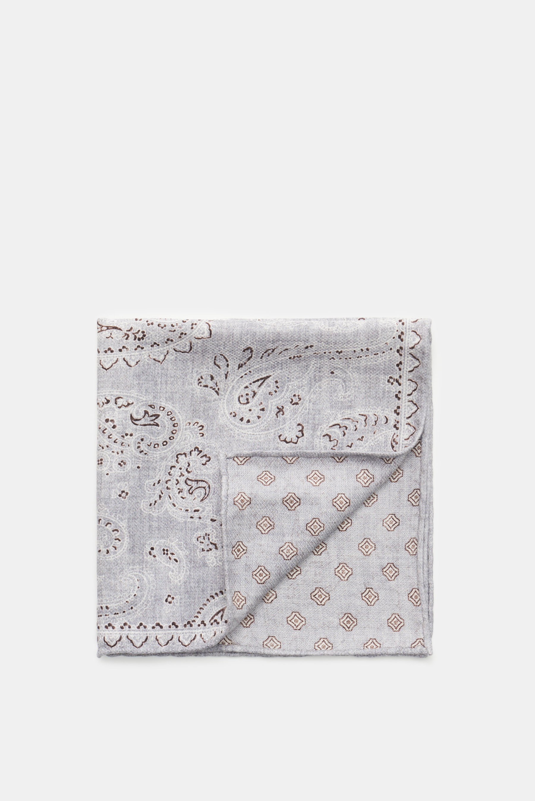 Brunello Cucinelli Seiden-Einstecktuch grau/offwhite/braun gemustert