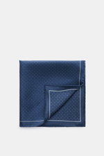 Tom Ford Silk pocket square grey-blue/white, with polka dots, photographed from above showing folded corner, pure silk, smooth feel, with polka dots, rolled edges, small TOM FORD print, made in Italy, dimensions approx. 39 cm x 39 cm.