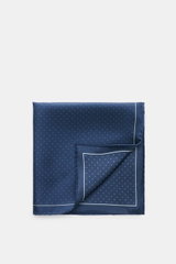 Tom Ford Silk pocket square grey-blue/white, with polka dots, photographed from above showing folded corner, pure silk, smooth feel, with polka dots, rolled edges, small TOM FORD print, made in Italy, dimensions approx. 39 cm x 39 cm.