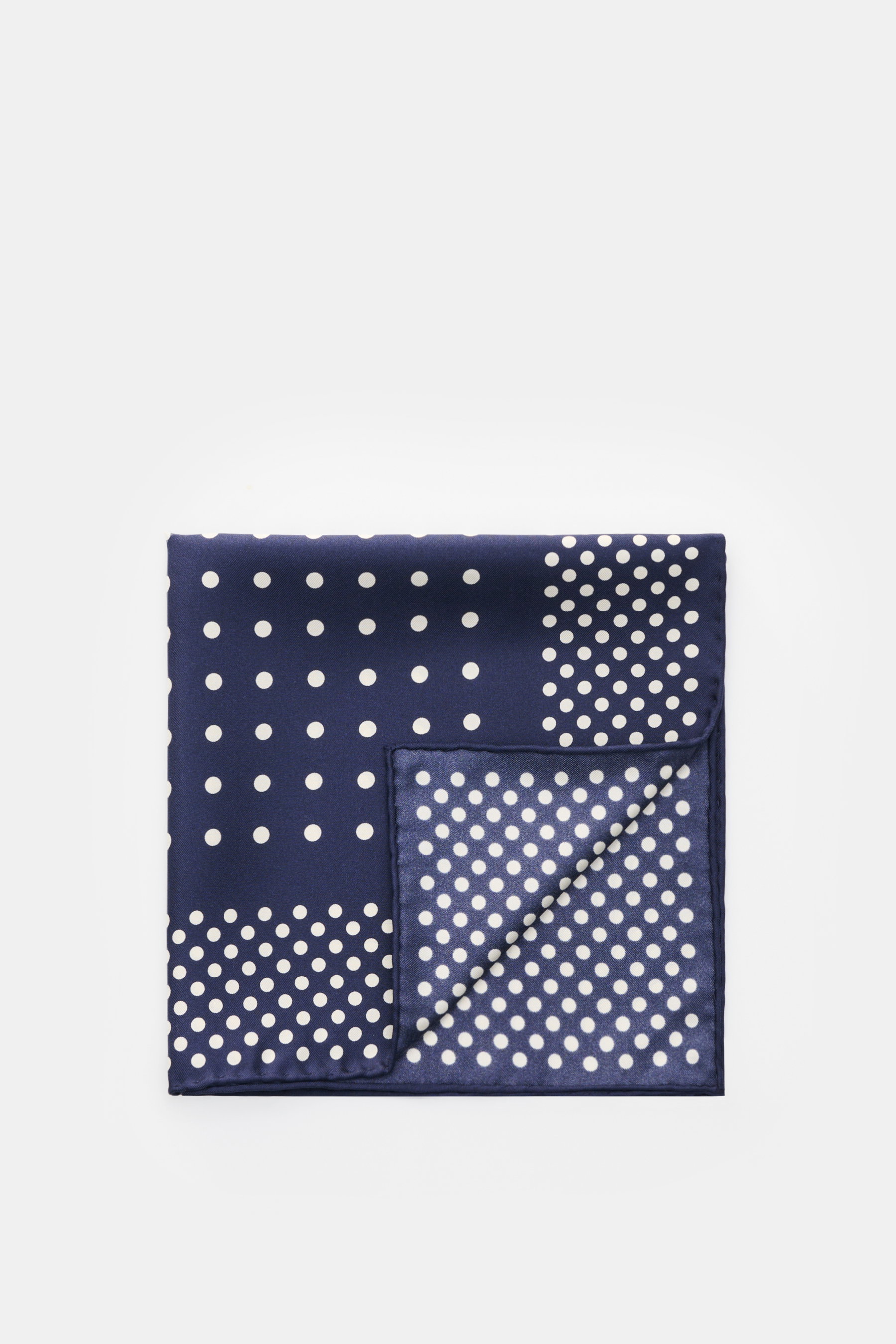Tom Ford Seiden-Einstecktuch navy/weiß gepunktet, reine Seide, glatter Griff, rollierte Kanten, kleiner TOM FORD-Print, Made in Italy, 39x39 cm, Draufsicht.