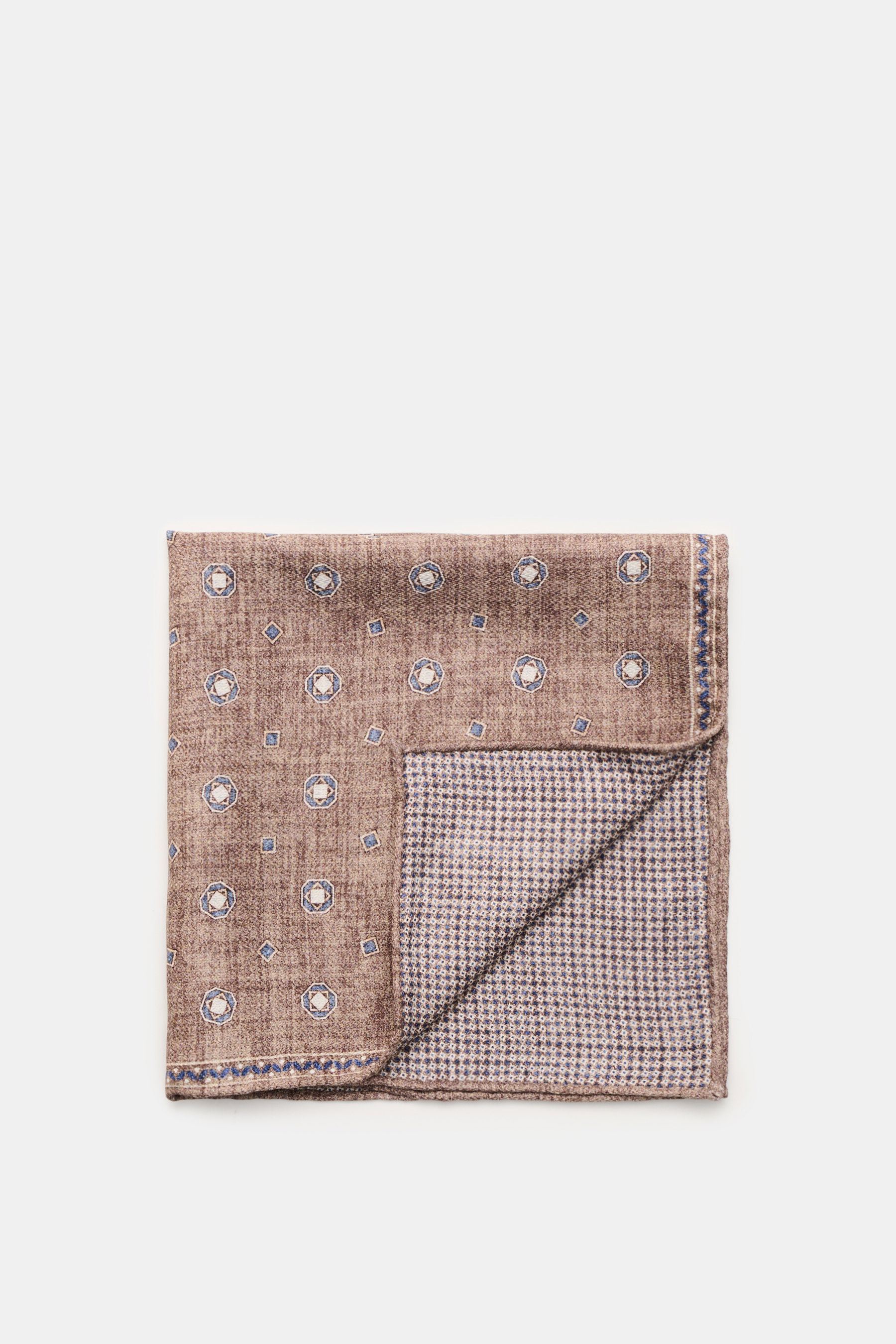 Brunello Cucinelli Seiden-Einstecktuch braun/blau/offwhite gemustert