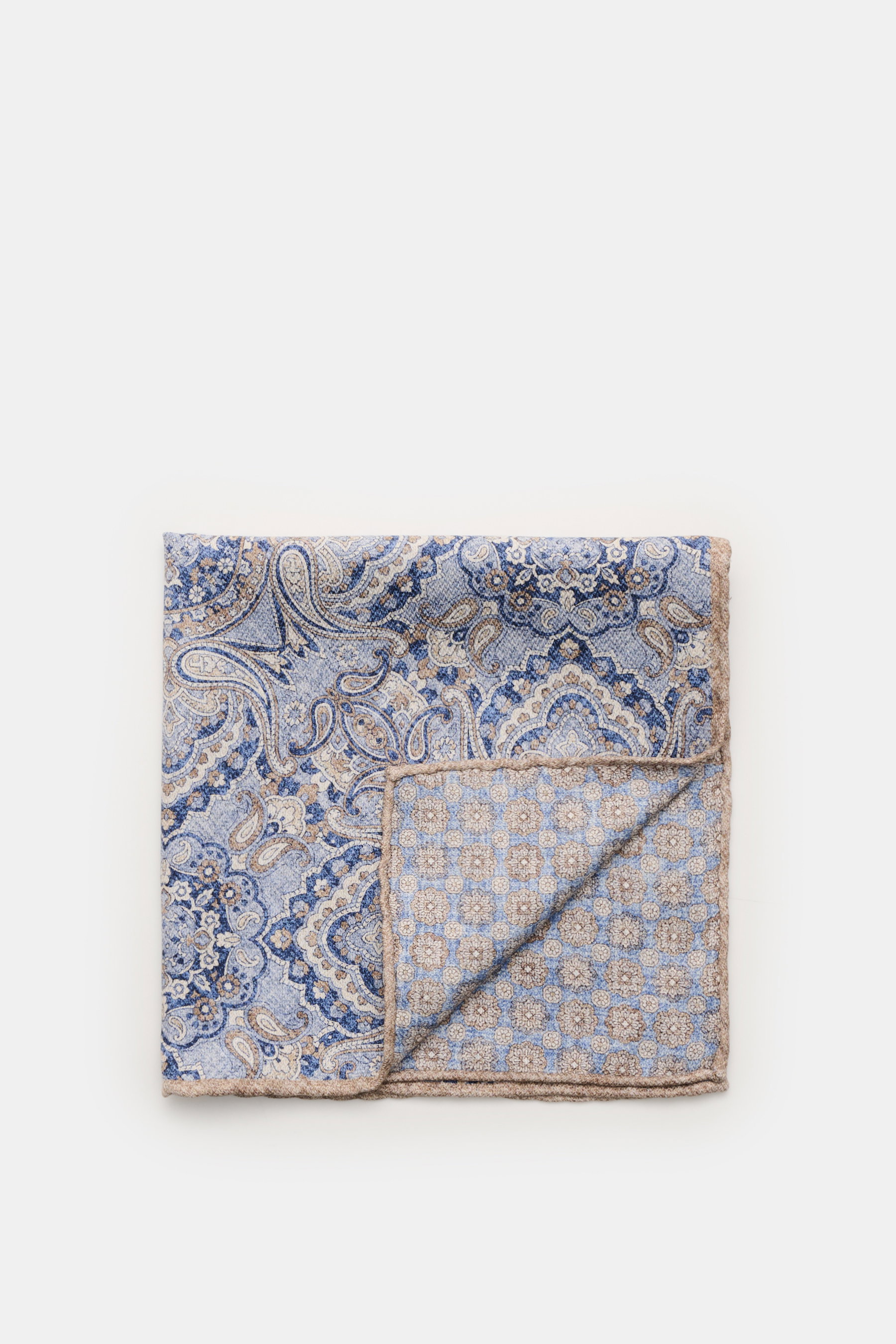 Brunello Cucinelli Seiden-Einstecktuch blau/hellbraun/sand gemustert