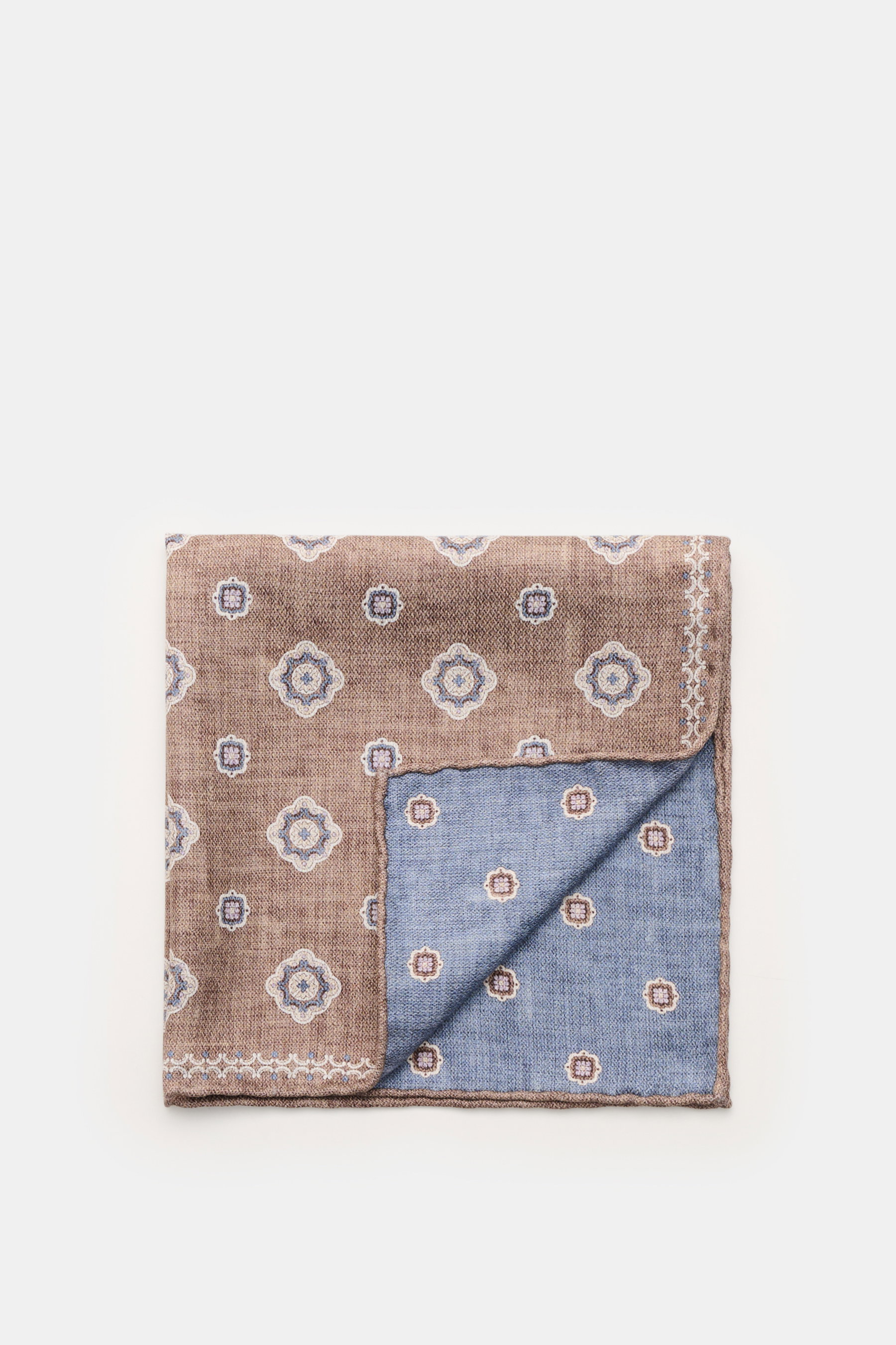 Brunello Cucinelli Seiden-Einstecktuch braun/rauchblau/sand gemustert